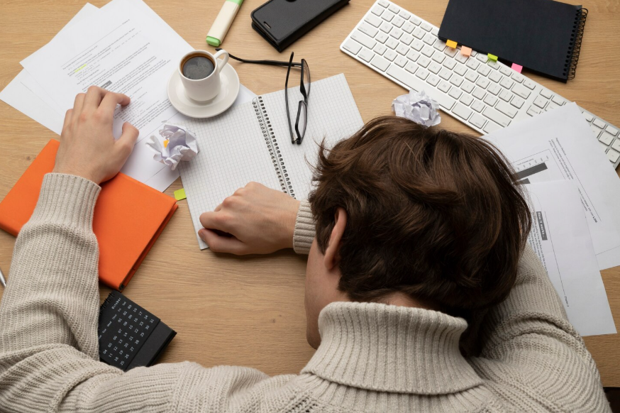 person avoiding unfinished work at a messy desk showing why do people procrastinate